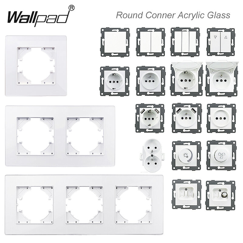 Wallpad-Interruptor Quadro de vidro acrílico branco com indicador LED, Interruptor Intermediário, Ligar e desligar, Fan Dimmer, 1 Gang, 2 Gang, 3 Gang