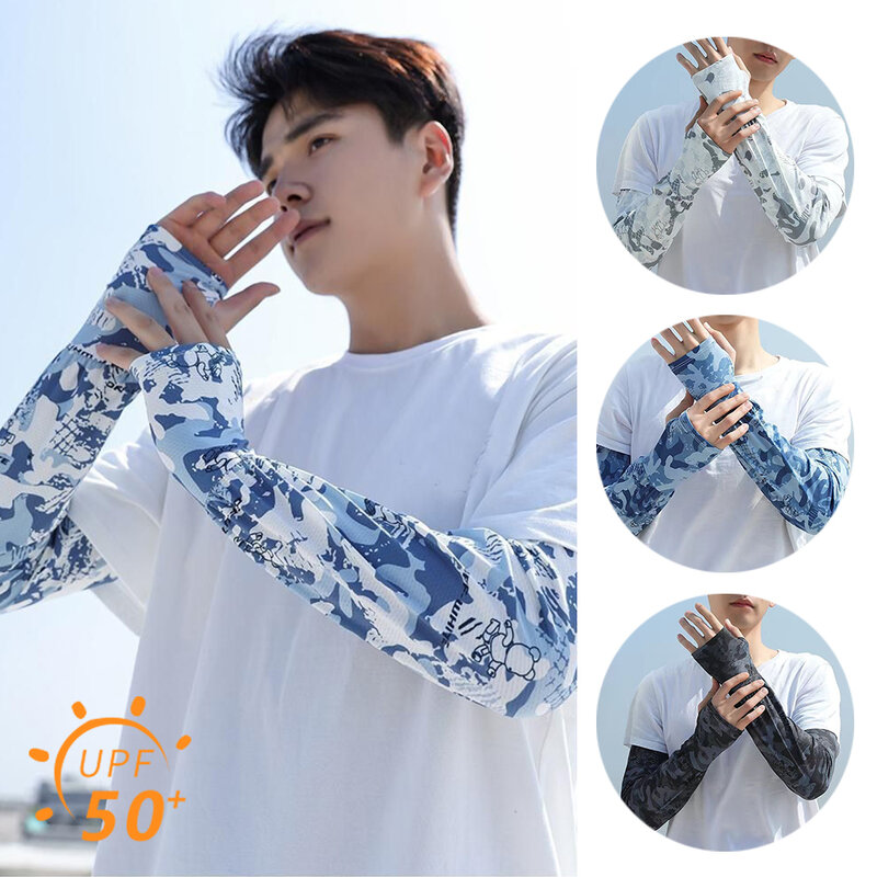 New Printed Loose Arm Sleeves Men Ice Silk Sun Protection Arm Warmers Outdoor Cycling Running Elastic Breathable Sunscreen Cover