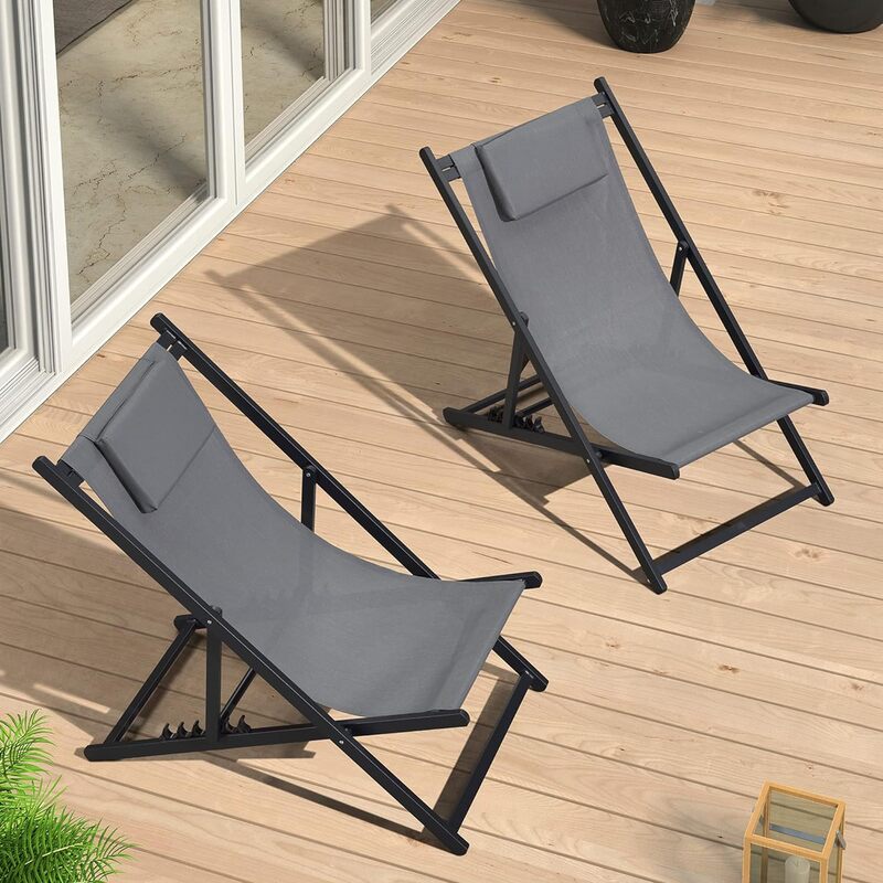 Patio Sling Chairs Outdoor Portable Folding Adjustable Beach Chairs Polyester Fabric Aluminum Chair with Cushioned Headrest