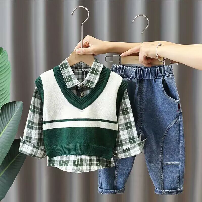 Children's Spring and Autumn Clothing Set New Boys' Long Sleeve Shirt Vest Jeans 3-piece Baby Casual Clothing Set