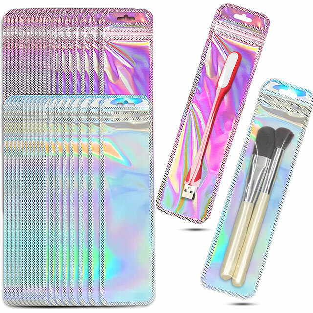 Bolsa Ziplock iridiscente larga, bolsas de sellado de plástico transparente para exhibición de Joyas láser, manualidades, embalaje de pestañas y uñas, 50 piezas