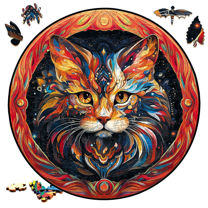Creative Wooden Jigsaw Puzzle Board Games Animal Personality Cat Round Shaped Wood Puzzles Toys Secret Puzzle Boxes Package
