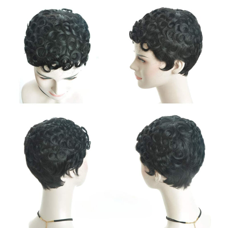 Wig potongan Pixie rambut sintetis sutra suhu tinggi pendek mode untuk wanita wig keriting kecil hitam pendek Brasil tanpa lem