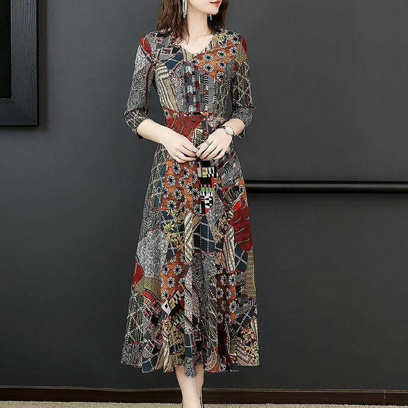 Elegant V-Neck Folk Printed Midi Dress Vintage Women's Clothing 3/4 Sleeve Spring Summer A-Line Waist Fashion Spliced Dresses