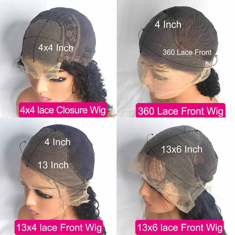 Peruca de cabelo humano frontal com renda encaracolada para mulheres, 360 laço transparente completo, peruca frontal de onda profunda, 13x6 HD, 4x4 perucas de fechamento