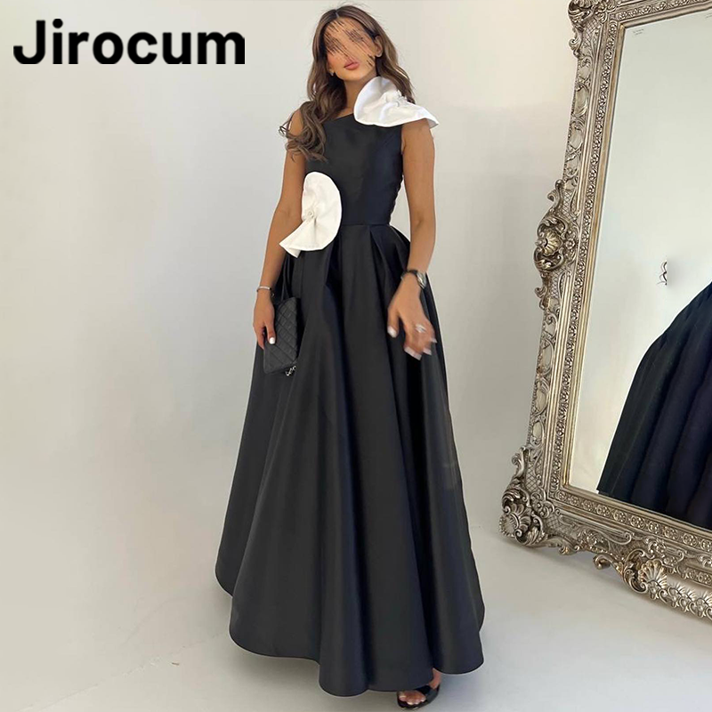 Jirocum A-line One Shoulder Prom Gowns Women's White Flower Party Evening Dress Black Satin Ankle Length Formal Occasion Dresses