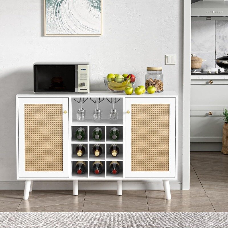 Giluta Rattan Wine Bar Cabinet 2-Door Farmhouse Liquor Cabinet with Wine Rack and Glass Holder, White Sideboard Buffet Storage