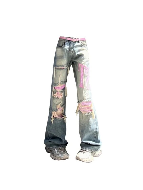 Pantalones vaqueros rasgados Vintage para mujer, holgados de Vaqueros cintura alta, ropa de calle coreana Y2k, pantalones Punk de pierna ancha, 2000s