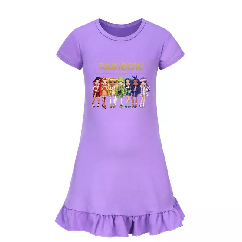 New Rainbow High Clothes Kids 2024 Summer Short Sleeve Dress Toddler Girls Casual Dresses Children Cartoon Nightgowns Sleepwear