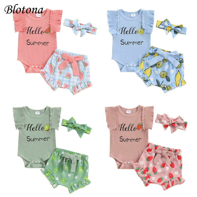 Blotona-Conjunto de ropa con estampado de letras para niña, peleles de manga con estampado de frutas, pantalones cortos con lazo, diadema, 3 piezas
