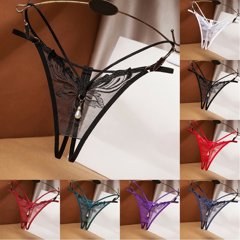Sexy Womens Lace Embroidery Panties Crotchless Sheer G-String Thong Underwear See Through T-Back Knickers Open Crotch Underpants