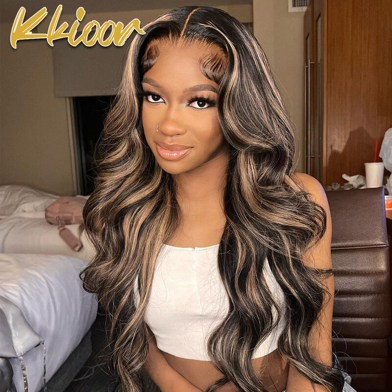 30 32 inch Colored Highlight Body Wave 13x6 Lace Front Human Hair Wig Black Hair 180% 13x4 Water Wave Lace Frontal Wig For Women