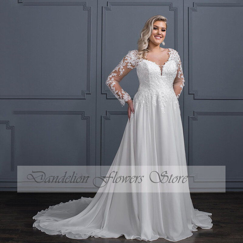 Elegant Wedding Dresses Plus Size V-Neck Full Sleeves Zipper Backless Bride Gowns Chiffon A-Line Lace Applique Vestido De Noiva