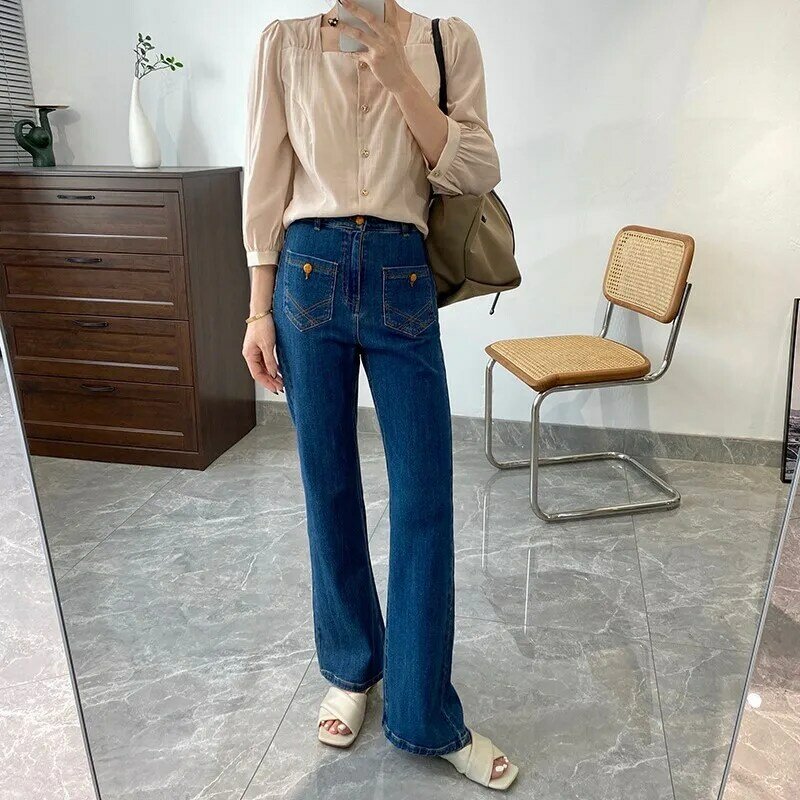 Calça feminina reta de cintura ultra alta para limpar o chão, jeans retrô francês, bolso frontal, novo design, primavera e outono, 2024