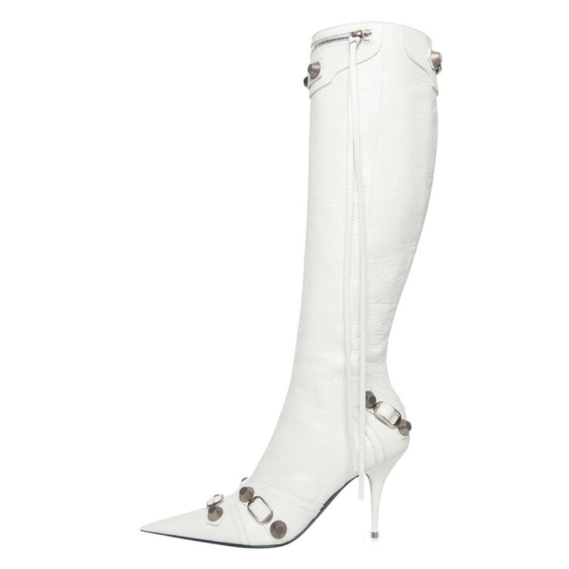 ผู้หญิง Boot แฟชั่นเซ็กซี่สี Pure ชี้ Toe รองเท้าส้นสูงรองเท้าส้นสูง Vintage โลหะ Buckle Zipper เข่ารองเท้าบูทสูง Slim พู่รองเท้า45