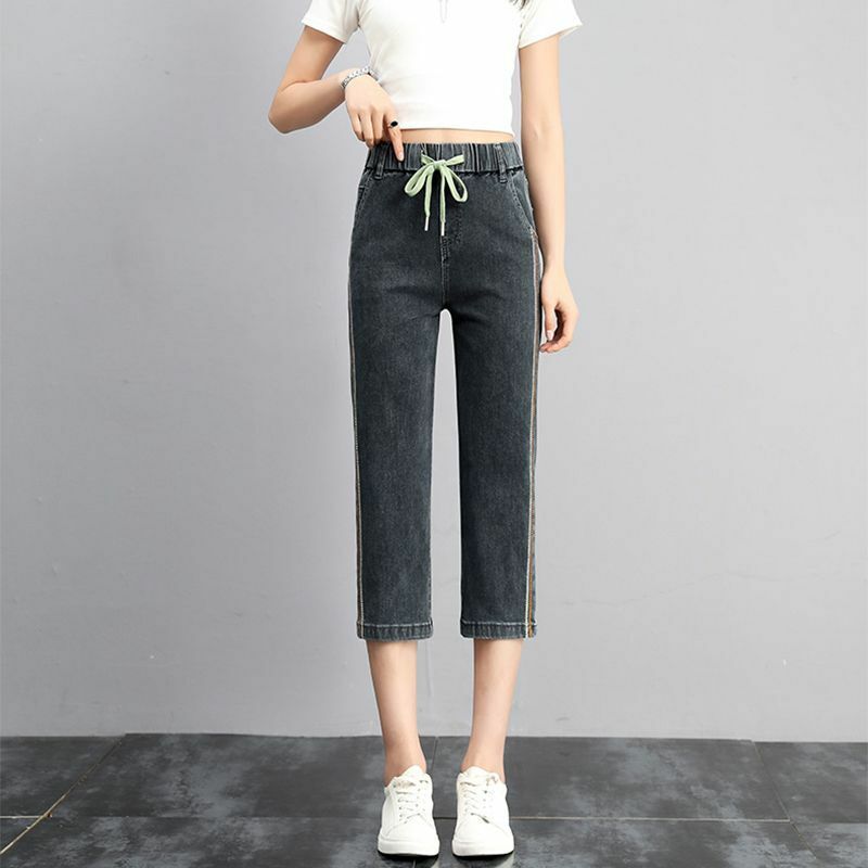 Streetwear dżinsy capri damski 2024 lato cienka elastyczny, wysoki talia luźna proste nogawki casualowe spodnie jeansowe
