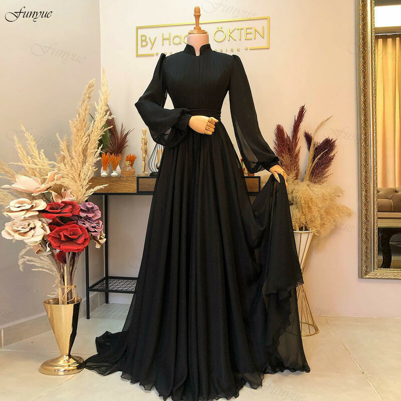 Vestidos de noite muçulmanos para mulheres, linha A, chiffon, plissado, árabe, baile de formatura, manga comprida, elegante, preto, vestido formal, 2022