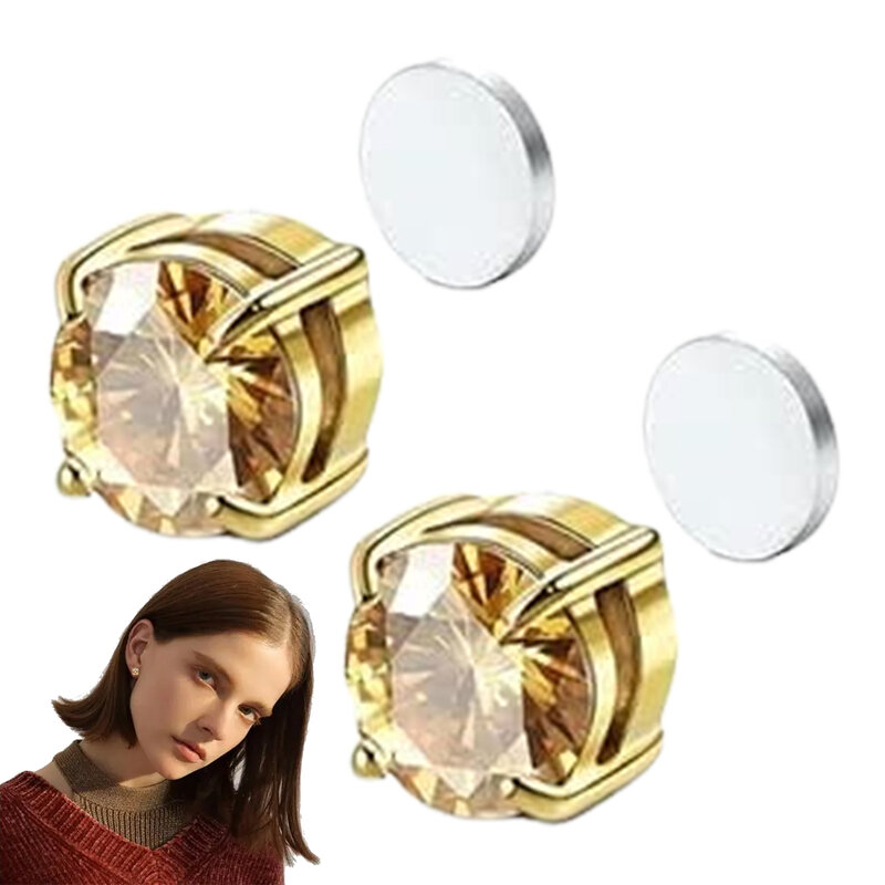 Brincos de cristal magnético para homens e mulheres, fácil de usar, ímã de zircão redondo punk, joias não perfurantes, 1 par