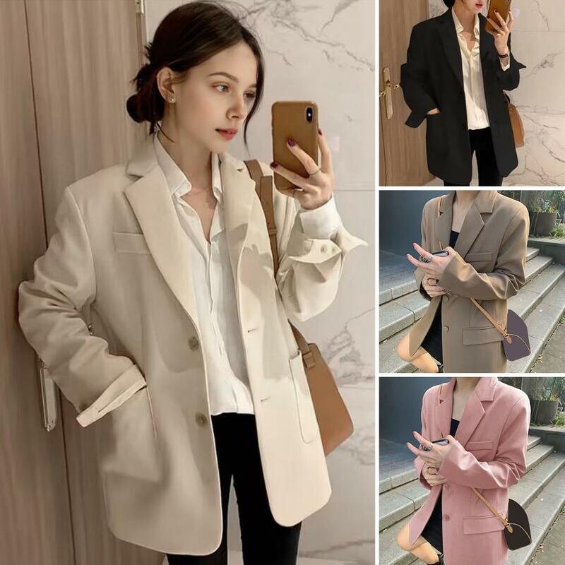 Jaqueta feminina com peito único, elegante casaco de lapela, bolso com aba, ajuste solto, roupas de trabalho