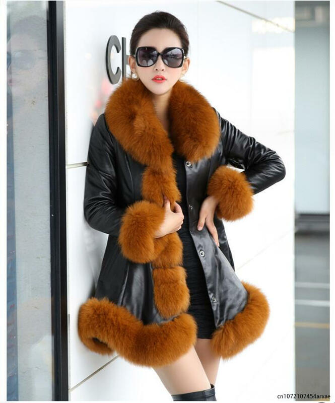 Abrigo largo De piel sintética para mujer, chaqueta gruesa De cuero sintético con cuello De piel De zorro, para invierno, S-6XL
