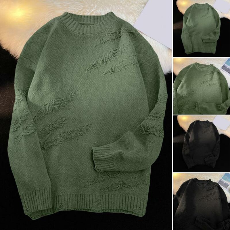 Lightweight Men Sweater Men Sweater Vintage Hip Hop Style Men's Round Neck Ripped Sweater with Long Sleeves Solid Color for Fall