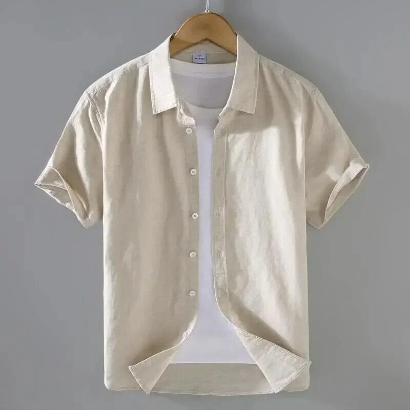 Рубашка мужская летняя из хлопка и льна, модная сорочка однотонная простая повседневная с короткими рукавами, базовый тонкий дышащий Топ