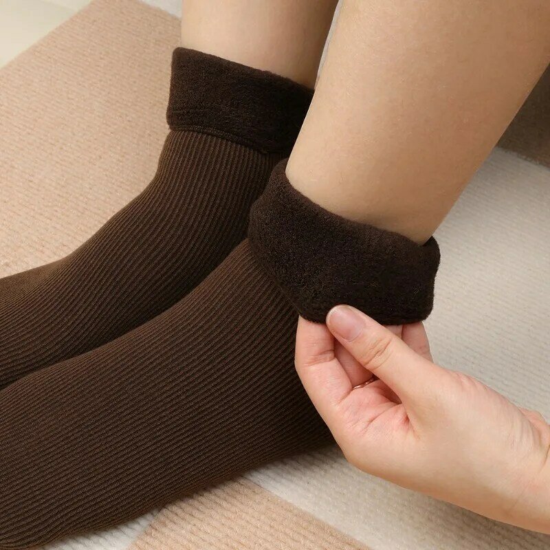 New Velvet Women Winter Warm Thicken Thermal Socks Harajuku Casual Solid Color Wool Cashmere Socks Home Snow Boots Floor Sock
