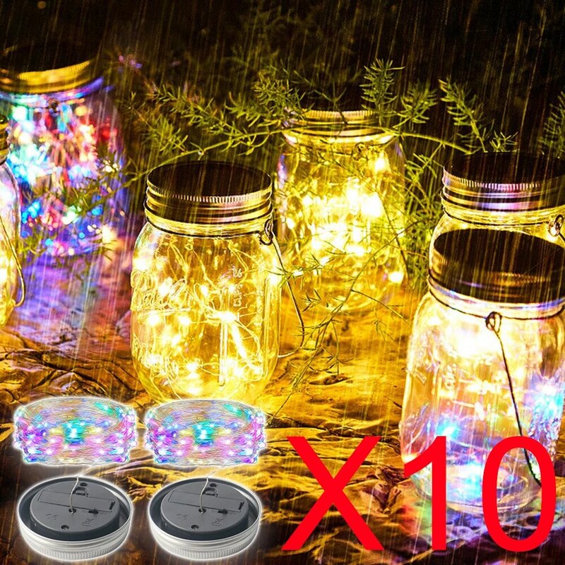 Solar Power Mason Jar Lid LED Lights, impermeável Fairy String Lights, Jardim, Natal, ao ar livre, Decoração do casamento, 10pcs