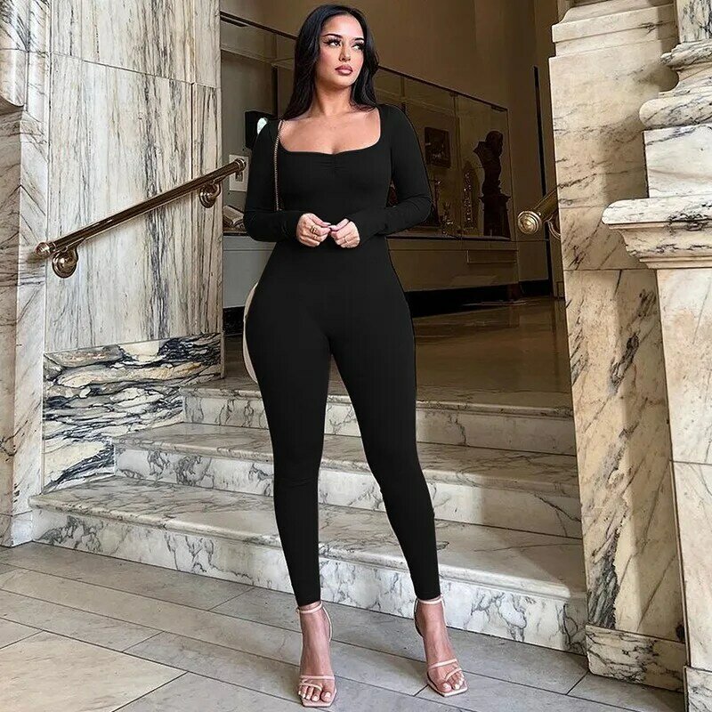 Solid Yoga Skinny Jumpsuit Women Autumn 2023 Square Neck Long Sleeve High Waist Casual Sporty Bodycon Rompers Jogger Streetwear