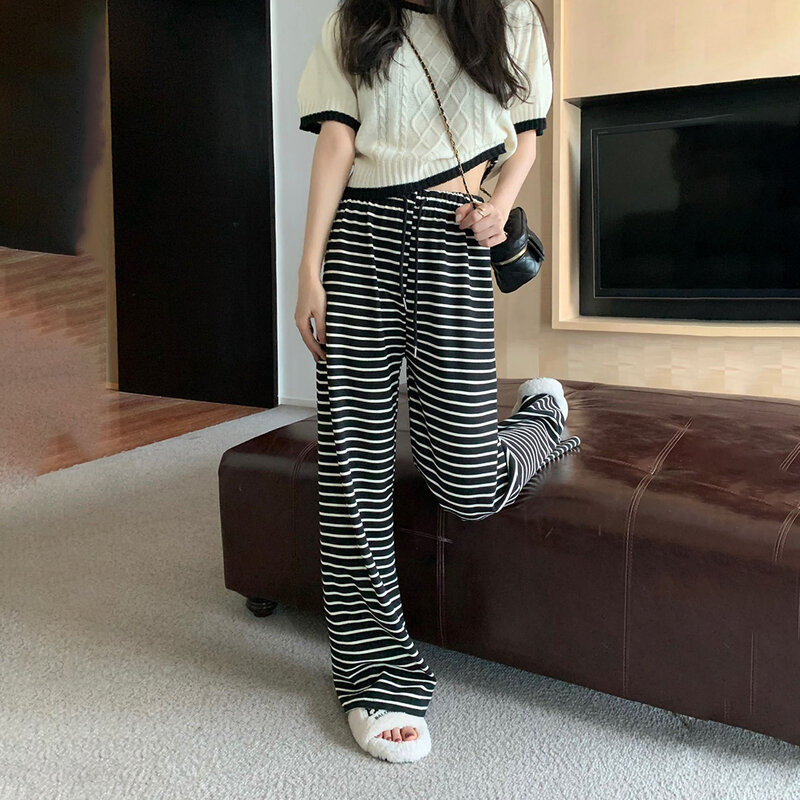 Calça feminina com cordão reto, calça com cintura zebra alta, calça casual de perna larga larga larga, listra horizontal, coreana, verão