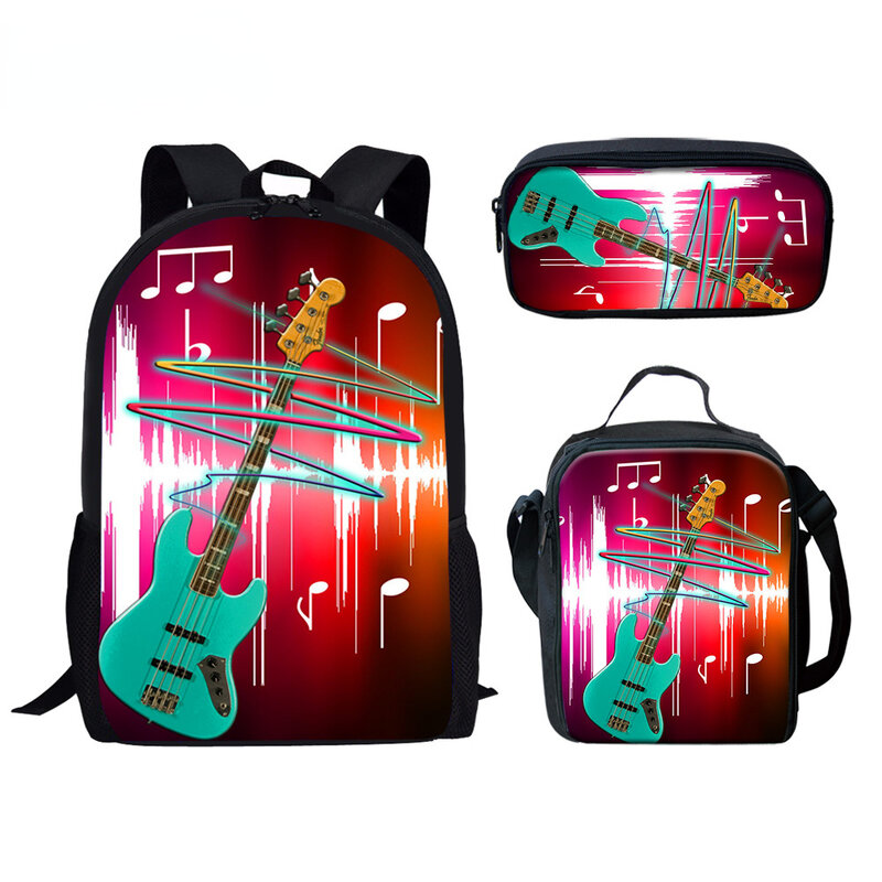 Funny Music Guitar 3D Print Backpack, Bookbag de estudante escolar, Anime Laptop Daypack, Lunch Bag, Lápis Case, Kids Gifts, 3pcs por conjunto