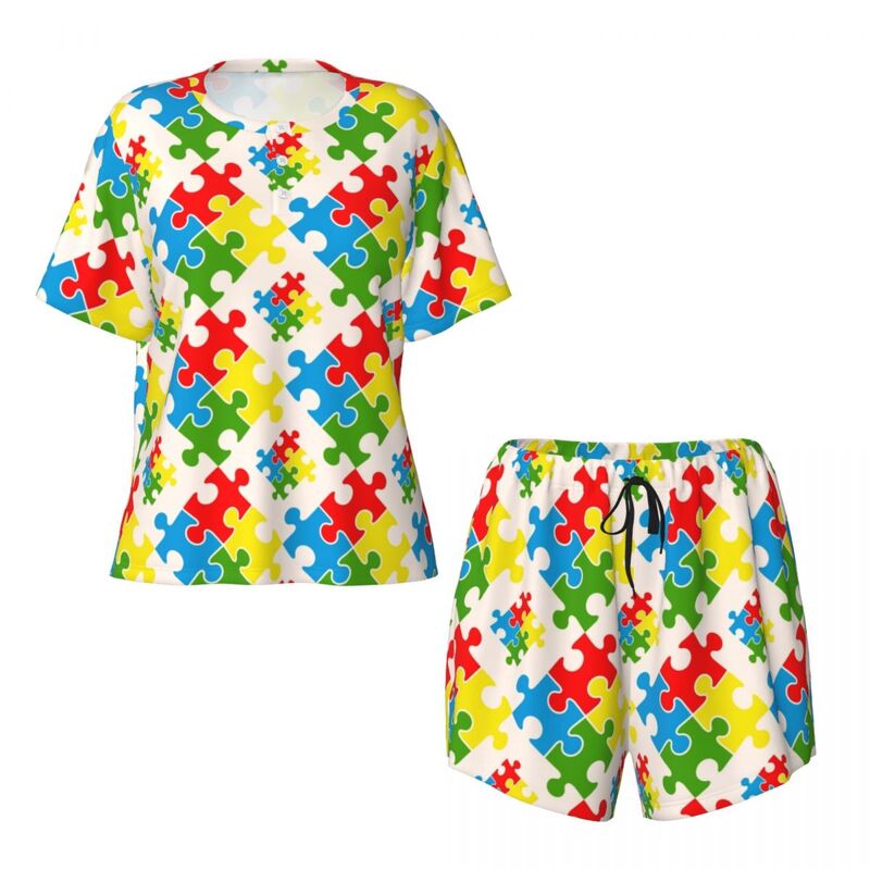 여성용 다채로운 퍼즐 잠옷 세트, 자폐증 인식 패턴, 반팔 잠옷, 라운지웨어, 2 피스 PJ