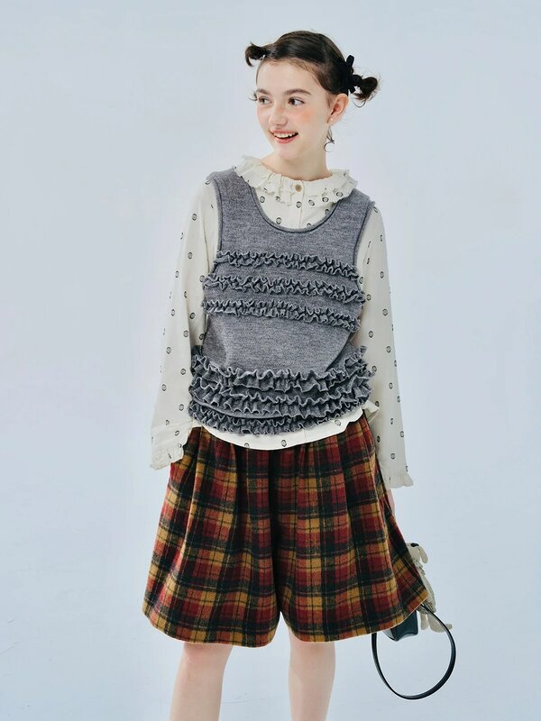 Imakokoni-Culotte de lana a cuadros para mujer, prenda original de color gris, para otoño e invierno, 2024, 244439