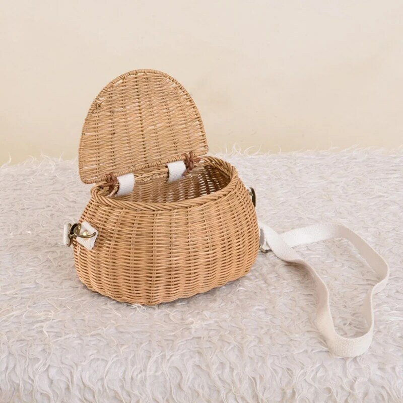 Bolso de hombro de cesta de mimbre portátil con correa larga para niños, cesta tejida a mano, bolsa de mensajero de Picnic, accesorios de fotografía
