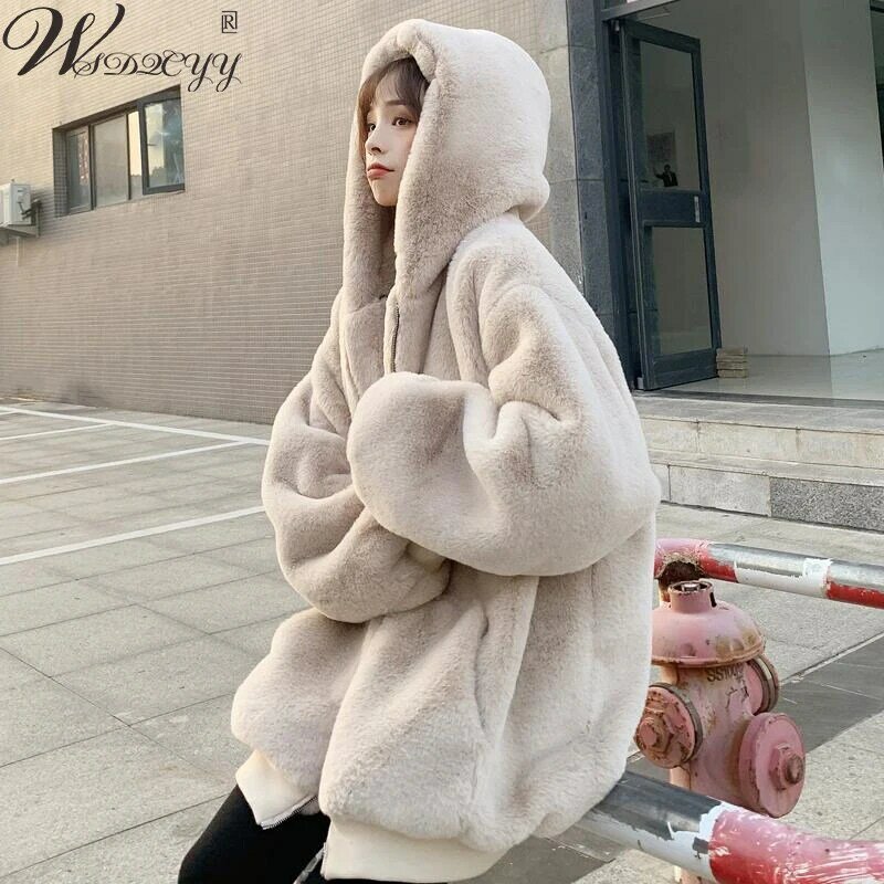 Veste coréenne à capuche en fausse fourrure de lapin pour femme, pardessus Flfry à fermeture éclair chaude, vêtements d'extérieur en peluche optiques décontractés, manteau d'hiver grande taille