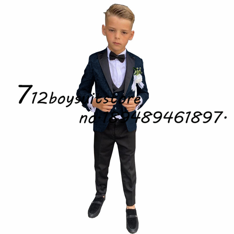 Czarny chłopiec blezer 3 szt. Kurtka spodnie kamizelka smoking na wesele formalne dziecięce dopasowany przylegający garnitur zestaw spiczastych klap