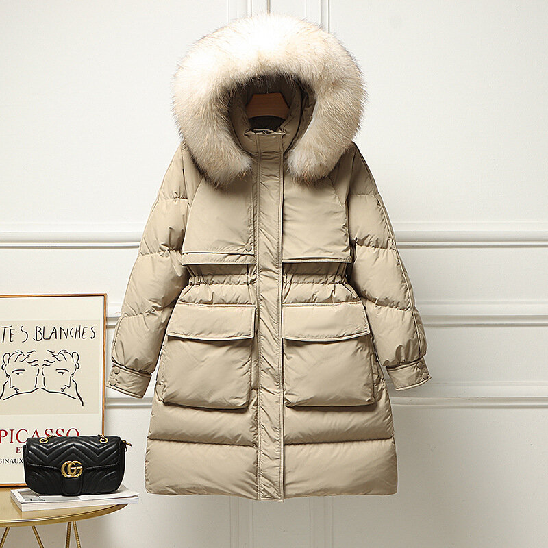 Manteau mi-long en duvet de canard blanc pour femme, col à la taille, chaud et épaissi, hiver, nouveau