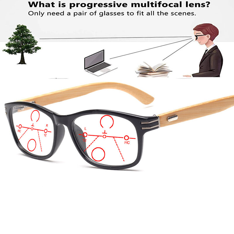 Kacamata Baca Multi-fokus Progresif Bulat Mode Kuil Bambu Bingkai Buatan Tangan Persegi Panjang Gaya Santai + 0.75 Hingga + 6