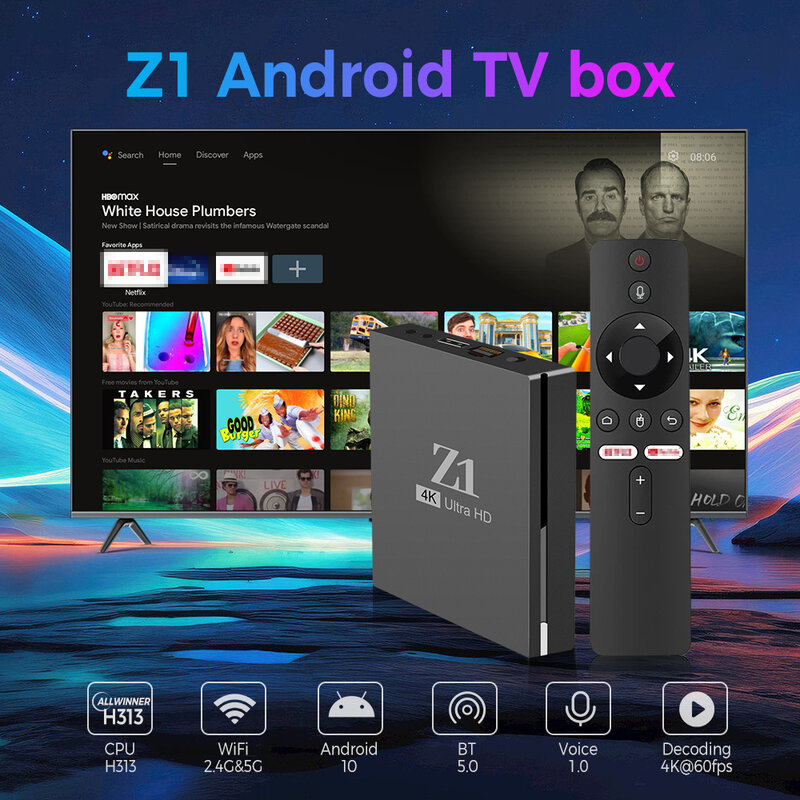 Caixa de TV inteligente Z1 ATV, Android 10, Allwinner H313, 4K, AV1, 2,4, 5G, WiFi, BT, Google Voice Remote, 2GB RAM, 16GB ROM