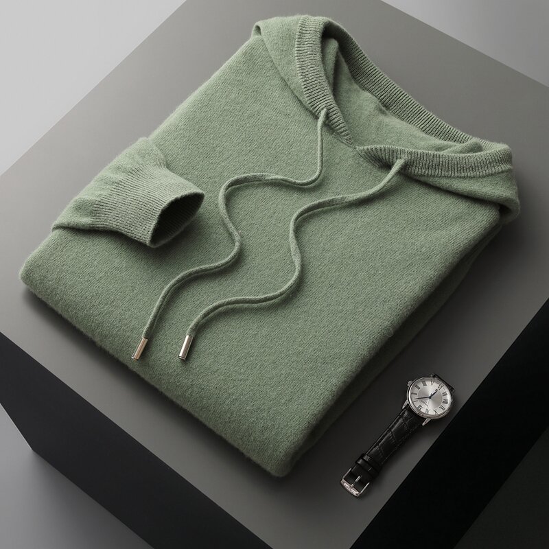 MVLYFLRT-Sudadera con capucha de una pieza para hombre, suéter de punto de lana merina 100%, de manga larga, informal, para Otoño e Invierno