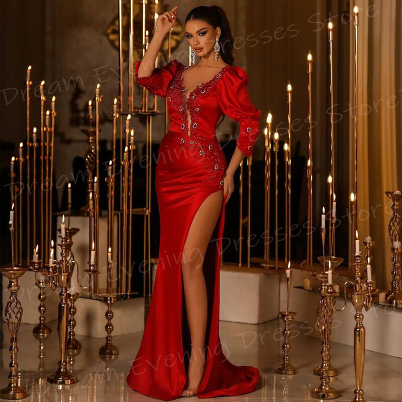 Popularne czerwone suknie wieczorowe dla kobiet Urocze suknie wieczorowe z koralikami V Neck Klasyczne suknie wieczorowe z wysokim rozcięciem Vestido De Noche
