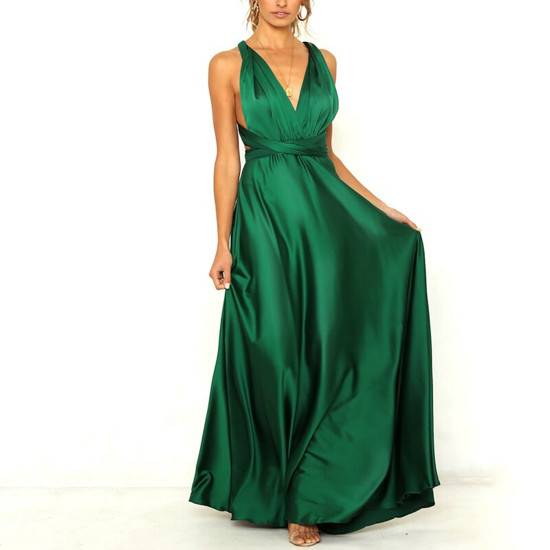 2023 Damen elegante feste Satin Kleid Kleider Mode ärmellose Riemchen sexy tiefen V-Ausschnitt rücken frei hoch taillierte Abendkleid
