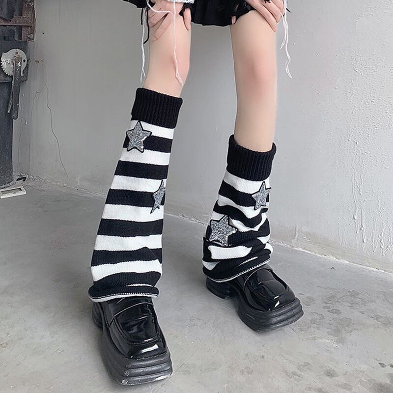 Y2k Goth Lolita Striped Leg Warmers Japanese Women Gothic Star 50cm Long Socks Gaiters Knee Winter Knitted Cuffs Ankle Warmer