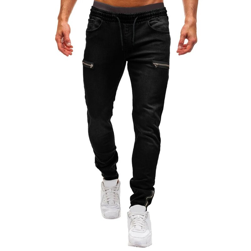 Moda męska na co dzień dżinsowe spodnie w czystej kolorycie z kieszeń na suwak z elastyczną gumką w pasie w stylu Streetwear spodniami typu Slim Fit