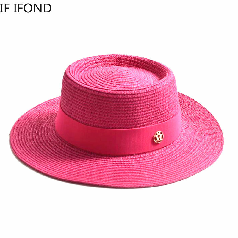 Chapeau de paille d'été pour femmes, chapeau de soleil à bord plat avec ruban, de plage, de voyage, nouvelle collection