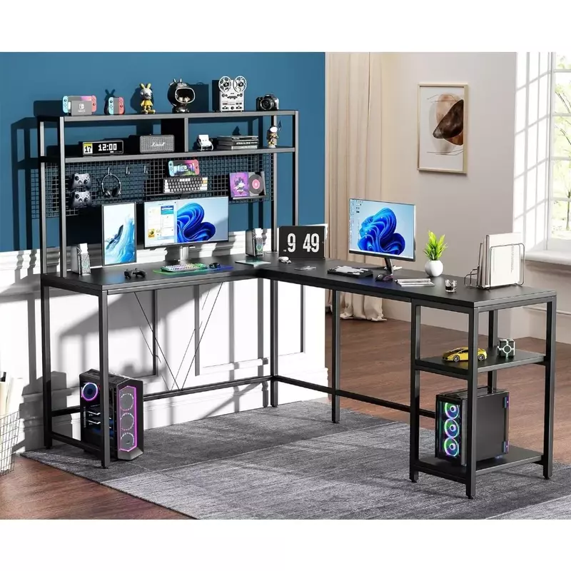 L geformter Schreibtisch mit Stall und Steck brett-67 "l-förmiger Spieltisch mit LED-Lichtern, Eck computer tisch mit Ablage fächern, schwarz