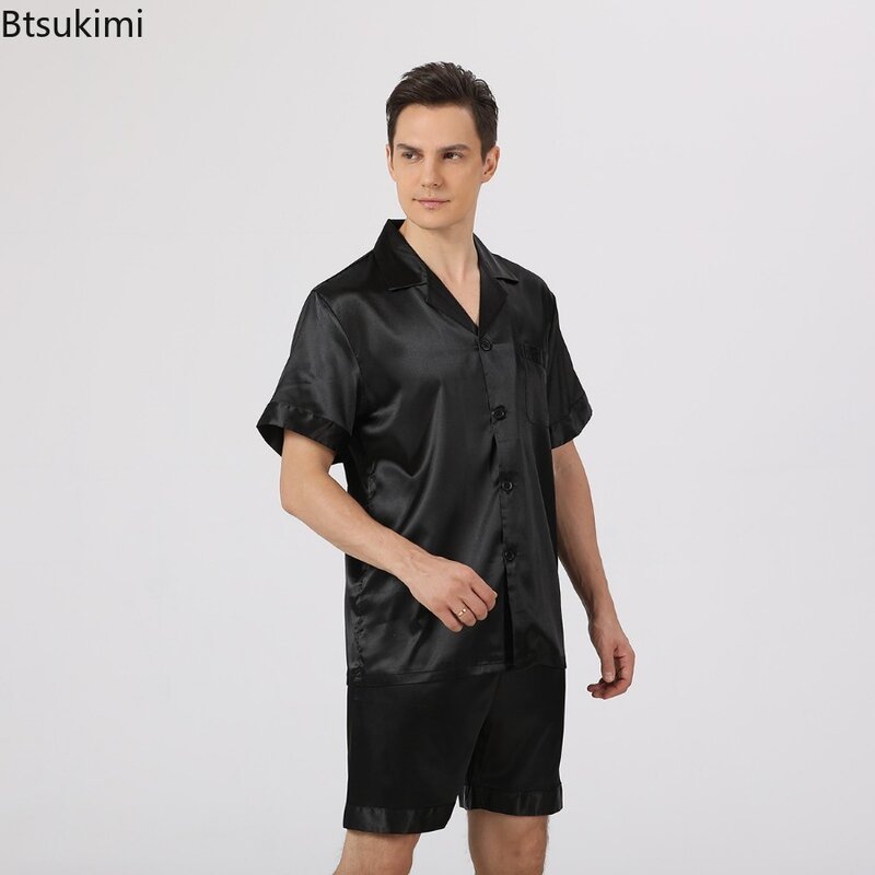 Men's Pajama Sets Luxury Satin Ice Silk Nightwear Casual Home Clothing Summer Fashion Men Short Sleeve and Shorts Sleepwear Suit