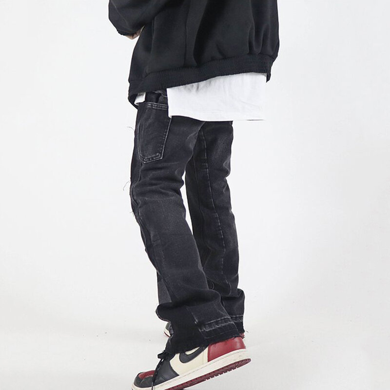 กางเกงยีนส์ผู้ชายเย็บออกแบบ Street Vibe ลม Micro-Flare กางเกงยีนส์ฉบับภาษาเกาหลี Y2K กางเกง Ins ขายร้อน Patchwork กางเกงยีนส์