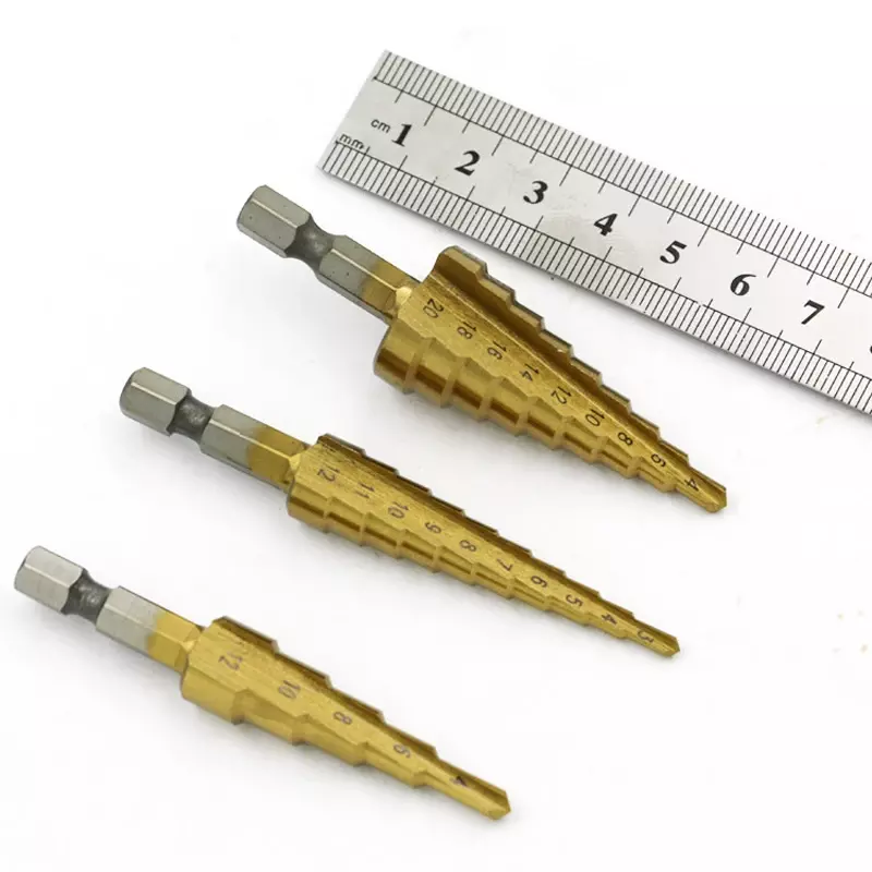 Foret étagé à rainure droite, bois revêtu de titane HSS, coupe-trou en métal, ensemble d'outils de propositions de cône de noyau, 3-12mm, 4-12mm, 4-20mm