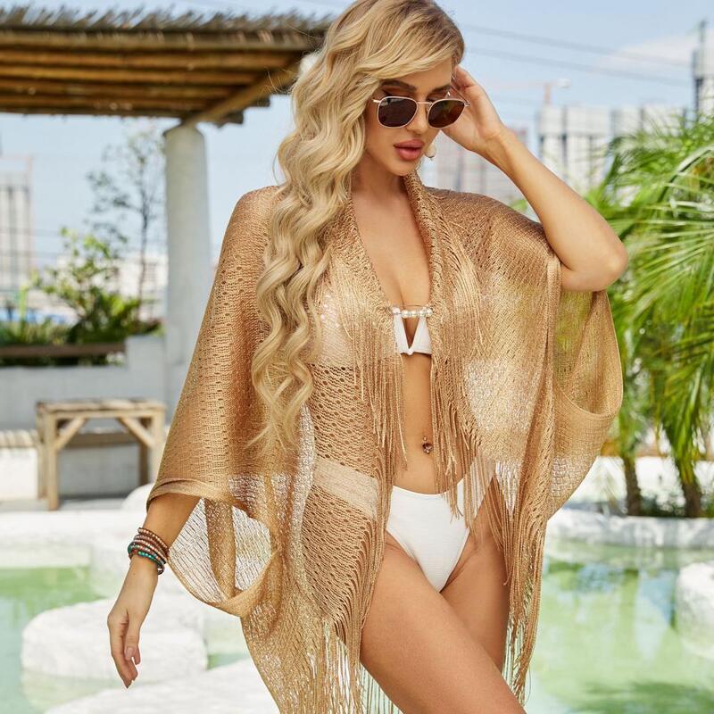 Elegant Sunscreen Swimsuit Cover-Up Poncho com Tassel Decor, Quick Dry Beachwear, Xaile para férias de verão Praia
